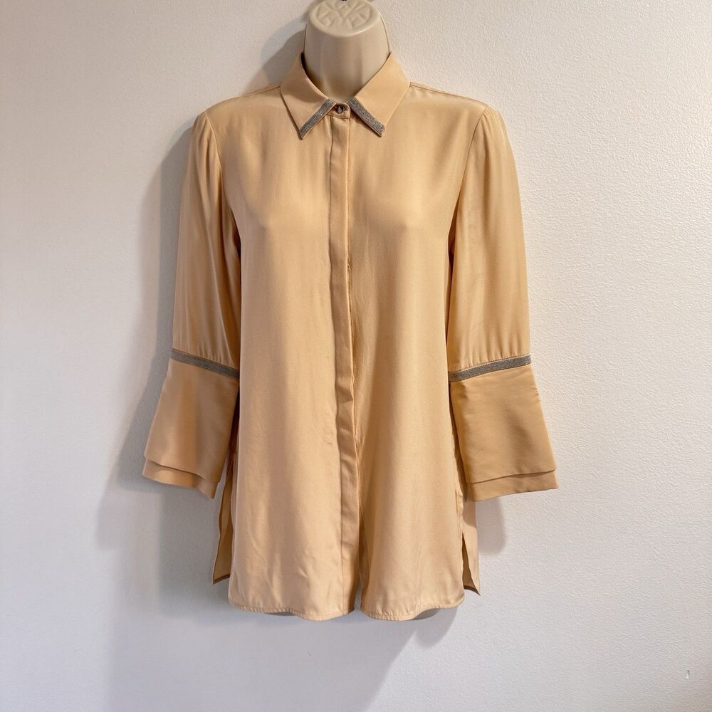 Lafayette 148 New York Blouse Shirt XS Champagne Satin Beaded Button Front